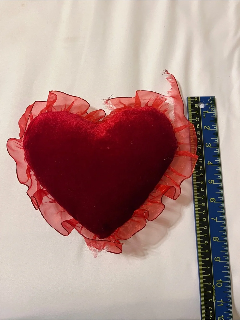 Red Heart LOVE Embroidered Plush Pillow Ruffle Velvet 9